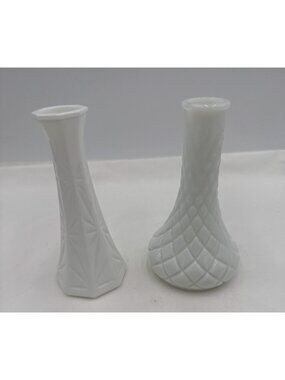 Vtg Hoosier White Milk Glass Bud Vases Geometric & Diamond Patterns 6 Inches Tal